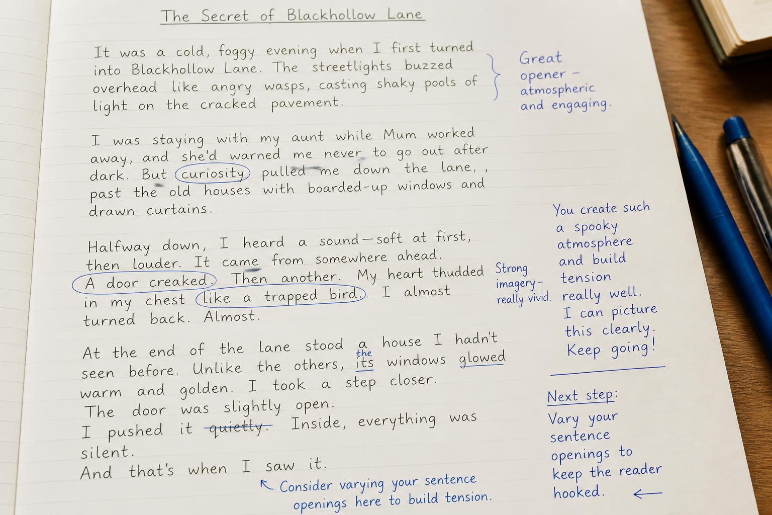 A creative writing script with detailed tutor feedback in blue ink