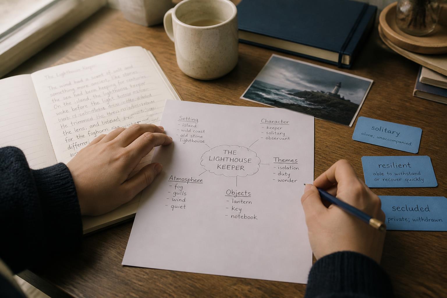 A student planning a creative story at a desk